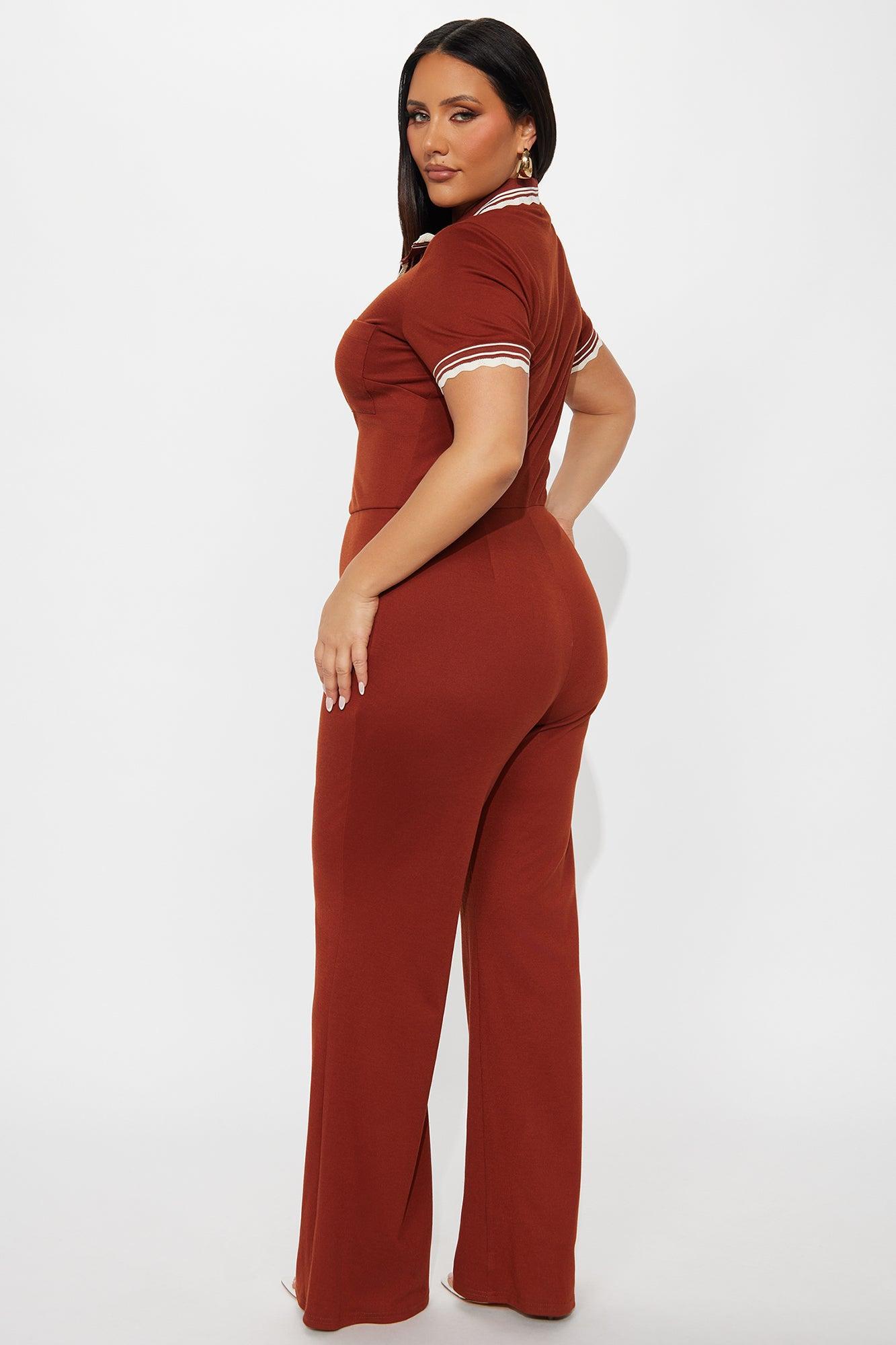 Juliette Ribbed Flare Leg Jumpsuit - Rust Product Image