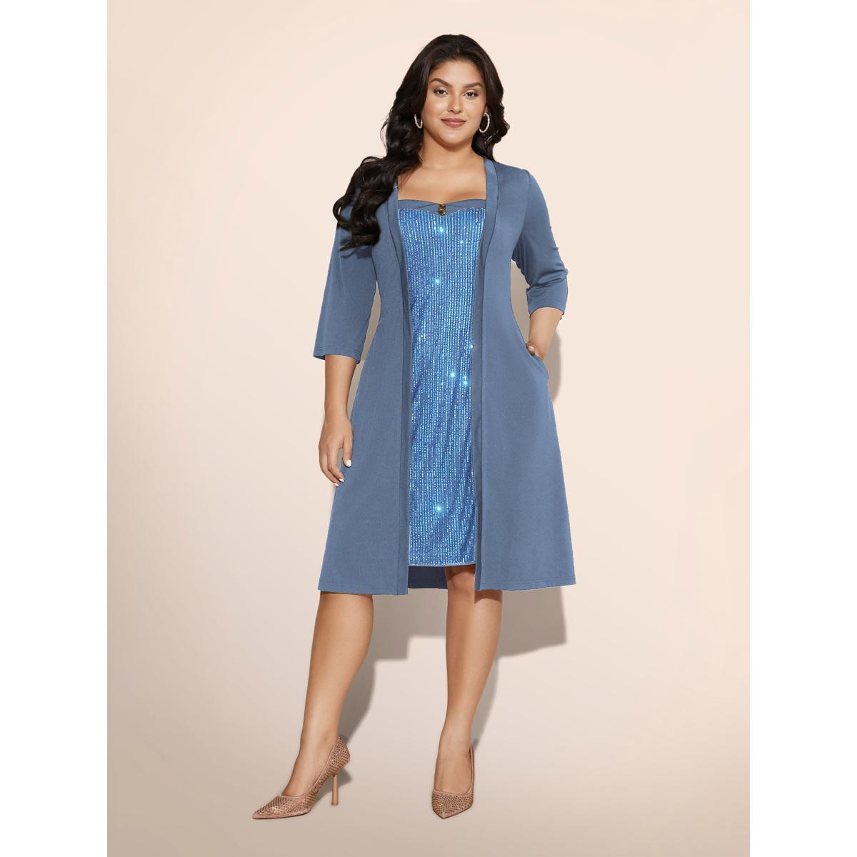 Plus Size Heart Neckline Patchwork Sequin Button Detail Dress Skyblue Women Cocktail Texture Party Curvy Bloomchic 10/M Product Image