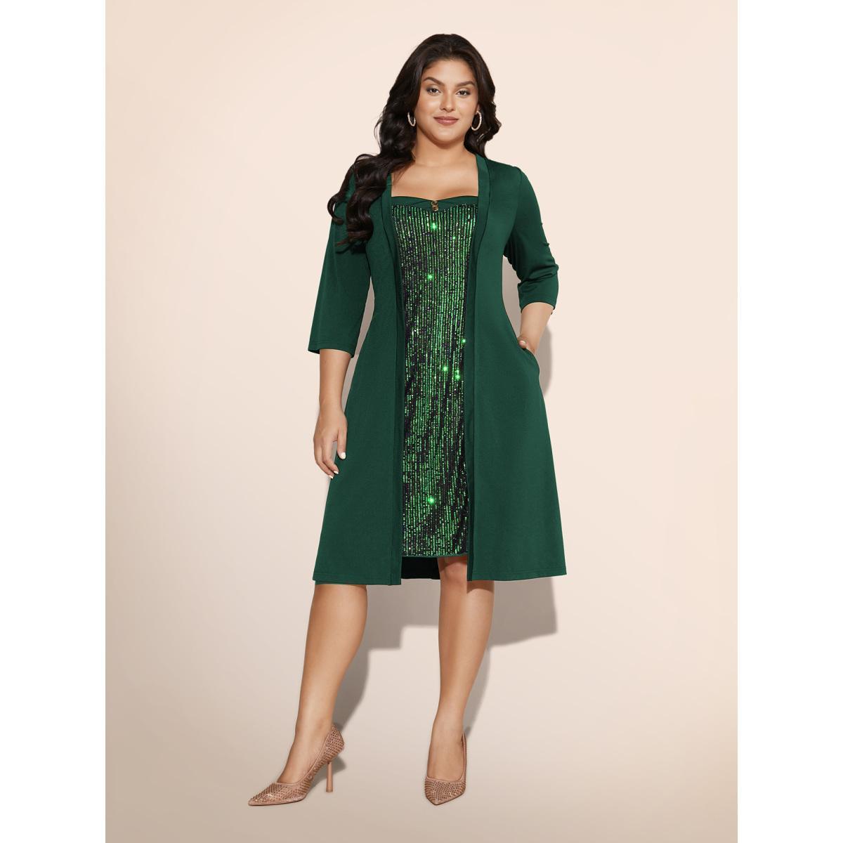 Plus Size Heart Neckline Patchwork Sequin Button Detail Dress Watermelon Women Cocktail Texture Party Curvy Bloomchic 18-20/2X Product Image