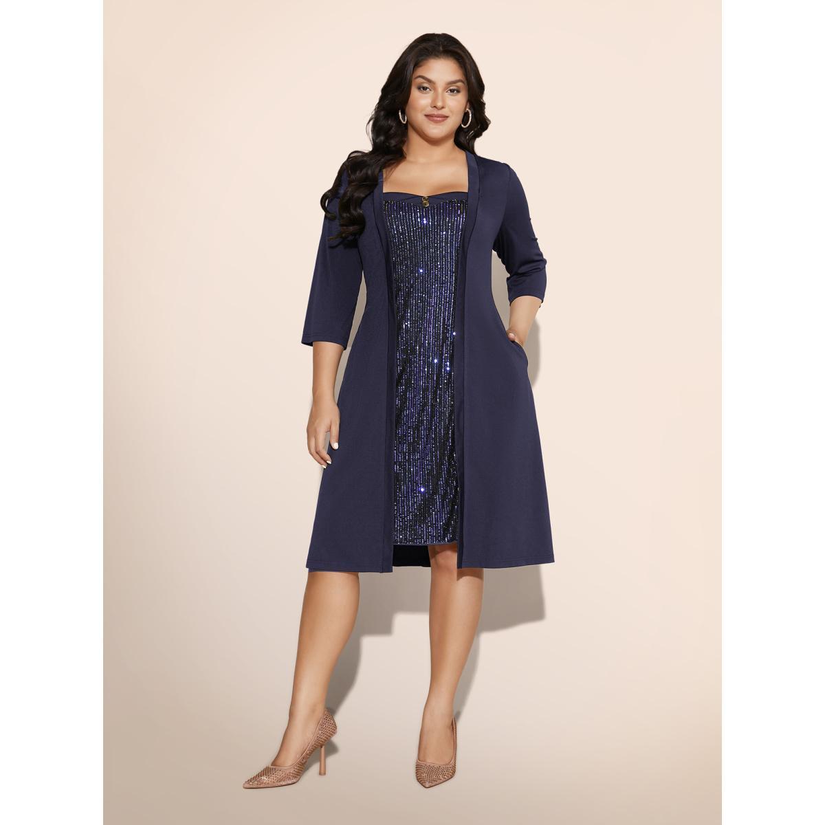Plus Size Heart Neckline Patchwork Sequin Button Detail Dress DarkBlue Women Cocktail Texture Party Curvy Bloomchic 14-16/1X Product Image