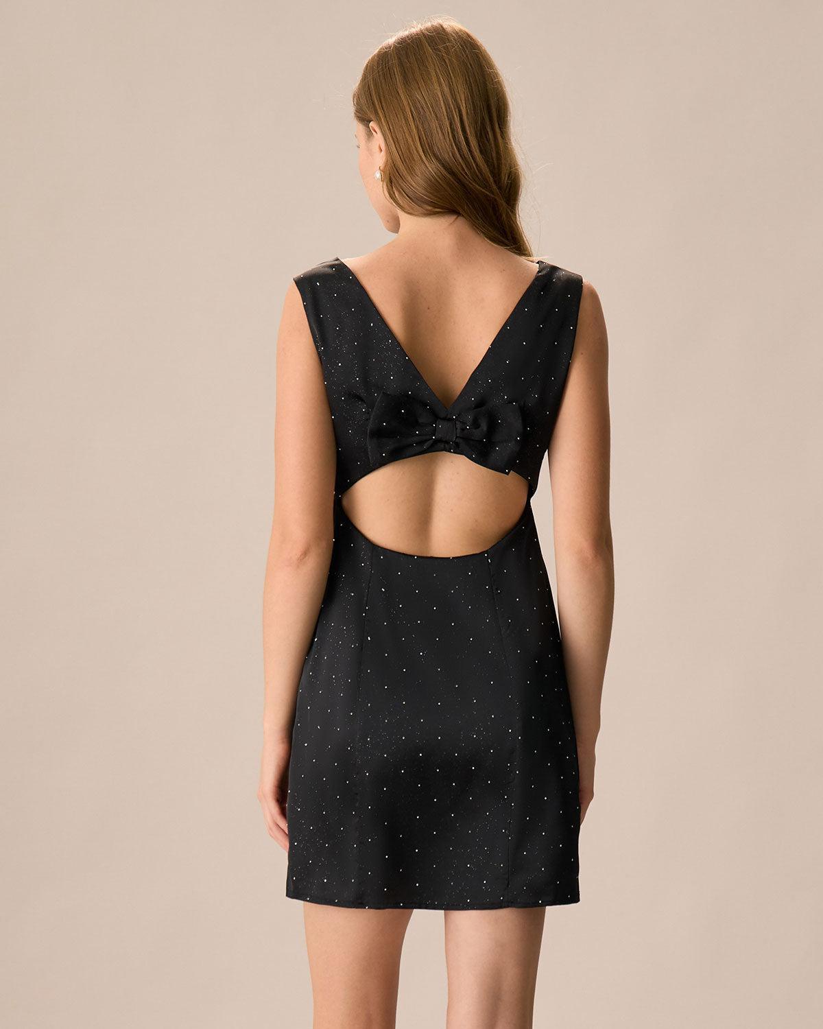 The Black Boat Neck Bowknot Satin Mini Dress Product Image