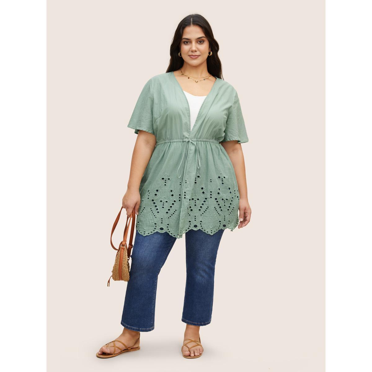 Plus Size Plain Broderie Anglaise Drawstring Kimono Women Mint Resort Embroidered Vacation Kimonos BloomChic 10/M Product Image