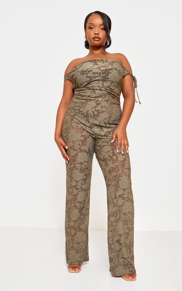 Plus Sage Green Devore Shoulder Tie Jumpsuit Product Image