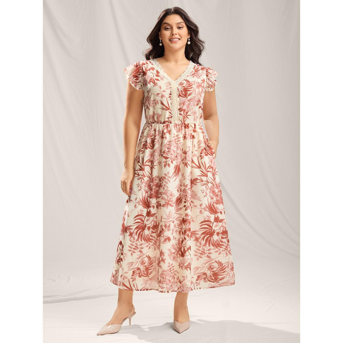 Plus Size Large Flower Print Lace Trim Maxi Dress Beanpastepowder Women V-neck Cap Sleeve Curvy BloomChic 30/6X Product Image