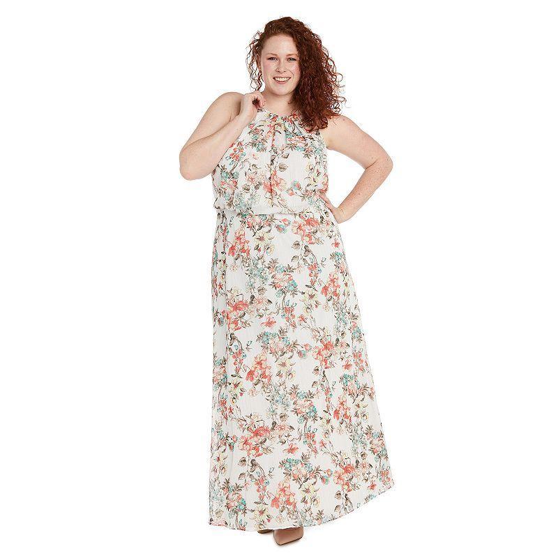 Plus Size R&M Richards Printed Chiffon With Lurex Blouson Halter Dress, Womens Product Image