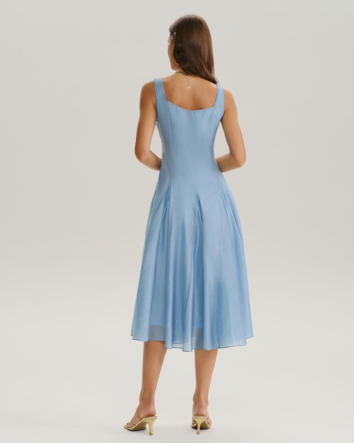 Blue Square Neck A-Line Sleeveless Midi Dress Product Image