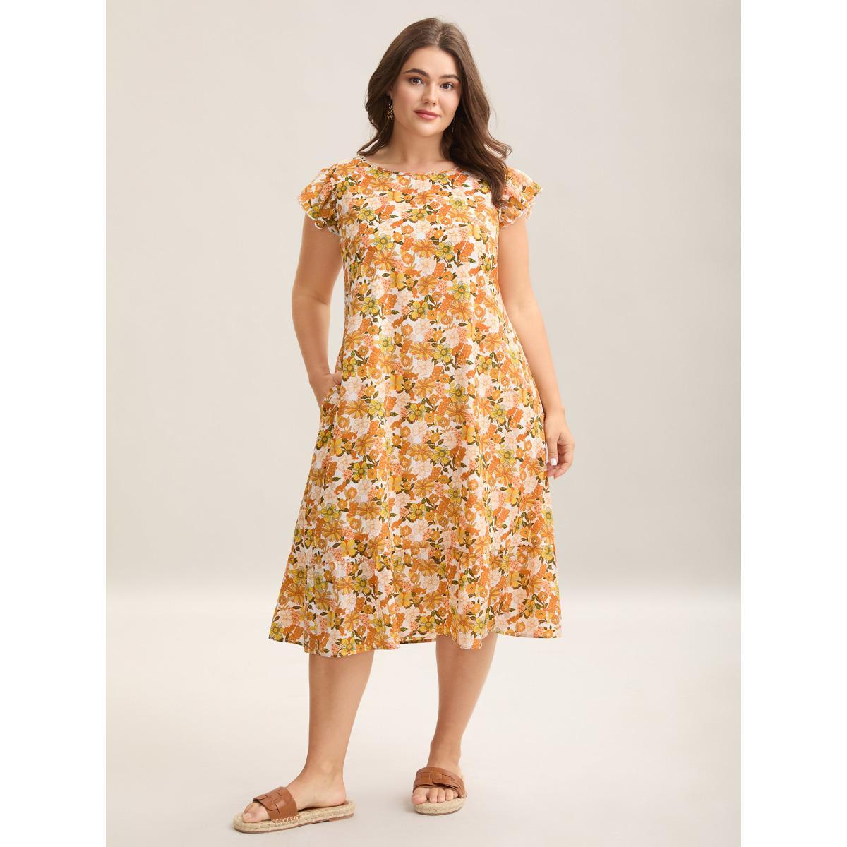 Plus Size Sunkissed Floral Print Flutter Sleeve Midi Dress Brightorange Women Round Neck Cap Sleeve Curvy BloomChic 30/6X Product Image