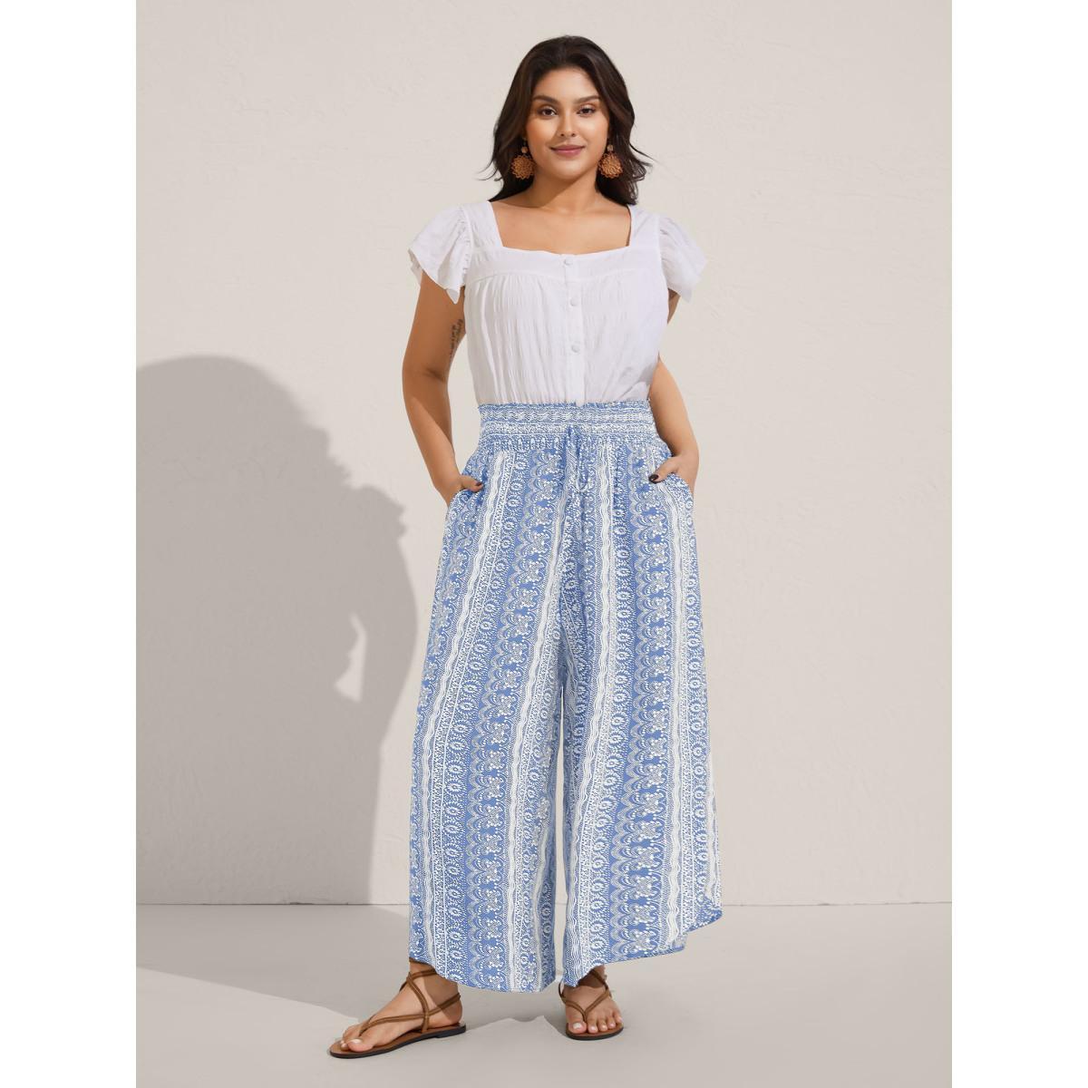 Plus Size Boho Print Shirred Waist Wide-Leg Pants Women Lemonyellow Resort Wide Leg Mid Rise Vacation Pants BloomChic 18-20/2X Product Image