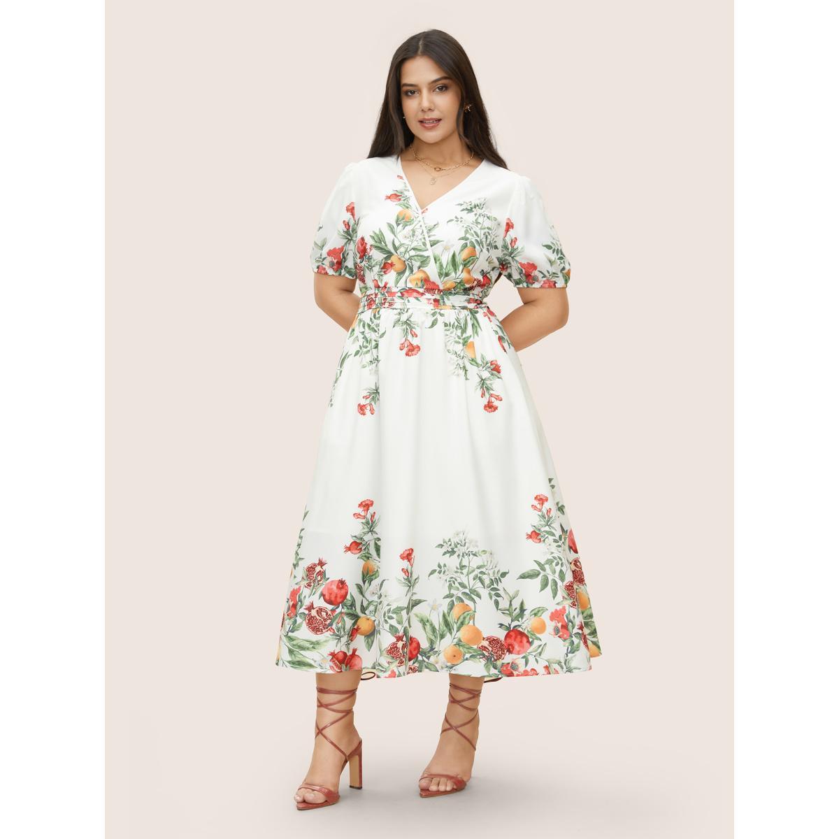 Plus Size Citrus Fruit Print Surplice Neck Pleated Dress White Women Elegant Overlapping Overlap Collar Short sleeve Curvy BloomChic 18-20/2X Product Image