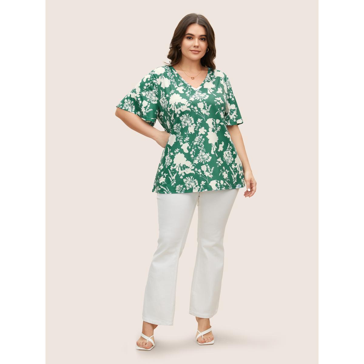 Plus Size Silhouette Floral Print Flutter Sleeve T-shirt DarkGreen Women Elegant Contrast Natural Flowers V-neck Everyday T-shirts BloomChic 10/M Product Image