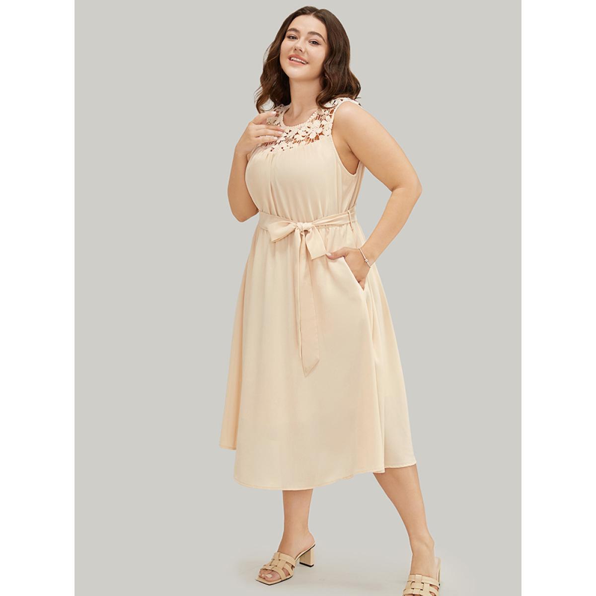Plus Size Plain Contrast Lace Keyhole Belted Pocket Pompom Trim Tank Dress Beige Women Elegant Lined Round Neck Sleeveless Curvy Midi Dress BloomChic 22-24/3X Product Image