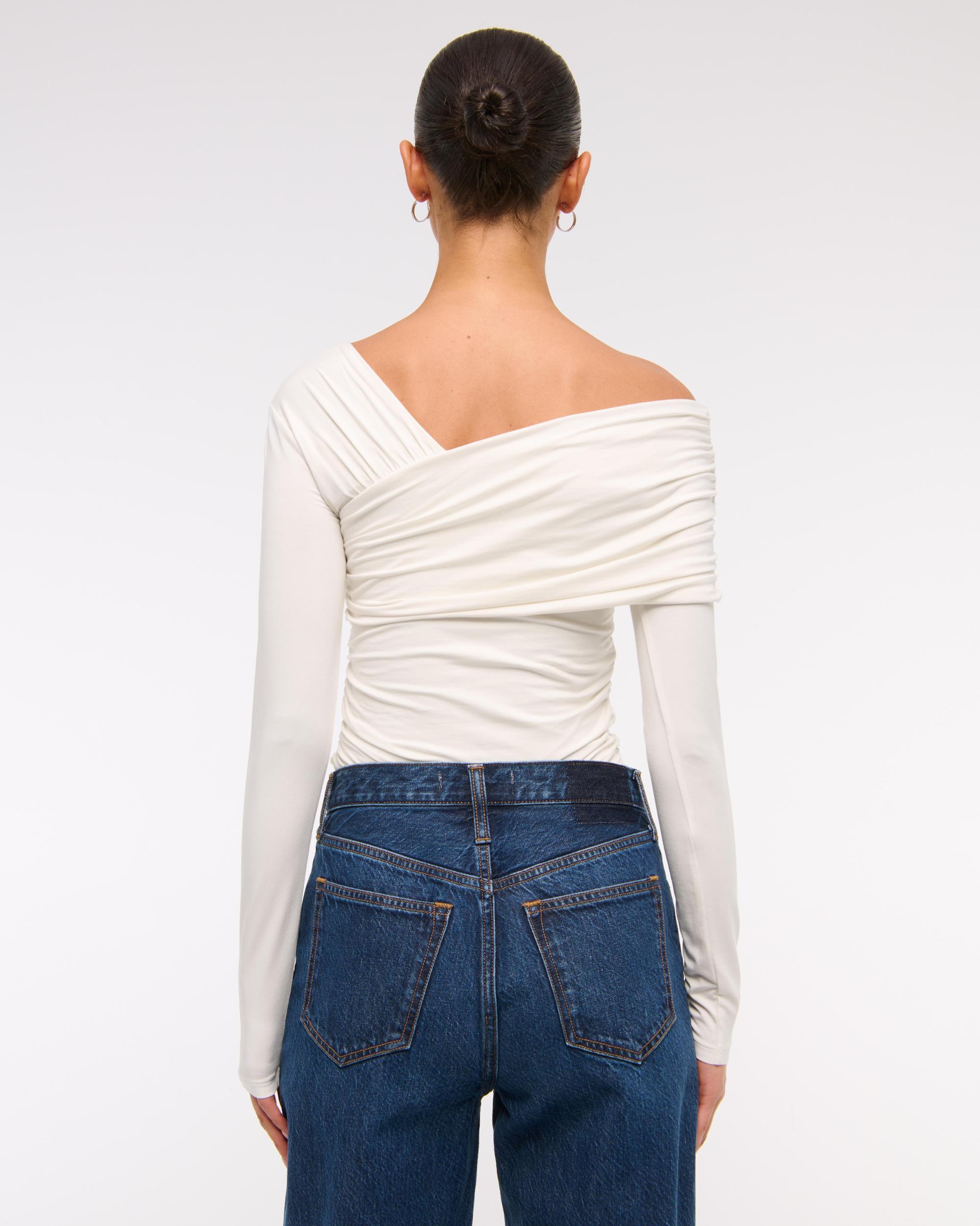 Long-Sleeve Off-The-Shoulder Draped Wrap Top Product Image