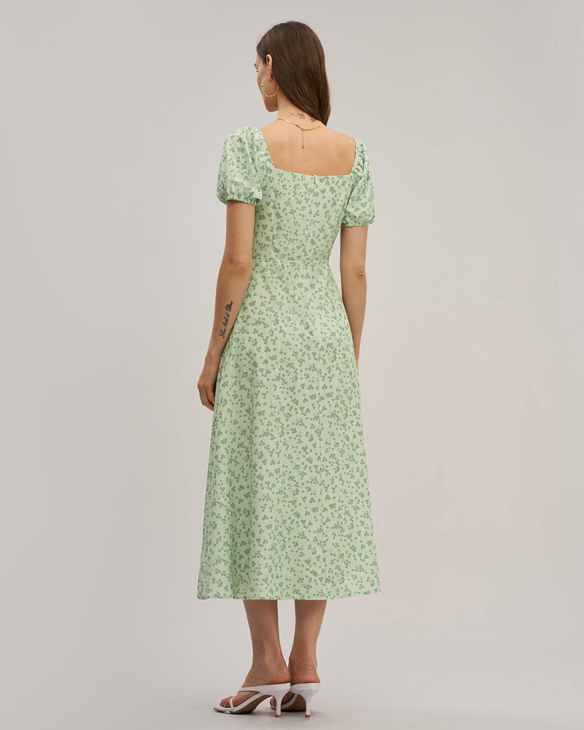 Green Floral Square Neck Puffed Sleeve Midi Dress Product Image