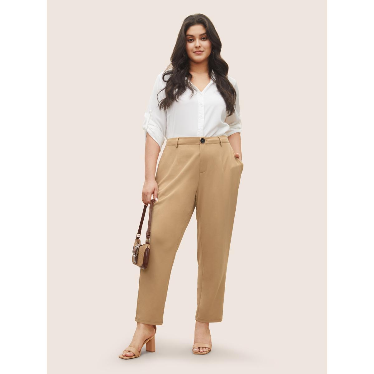 Plus Size Solid Color Zipper Pencil Pants Women LightBrown At the Office Straight Leg High Rise Work Pants BloomChic 30/6X Product Image