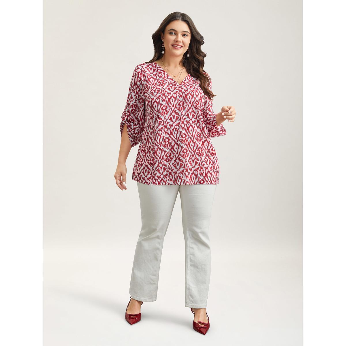 Plus Size Burgundy Geometric Print Gathered Sleeve Shirt Women Resort Elbow-length sleeve Notched collar Vacation Blouses BloomChic 18-20/2X Product Image