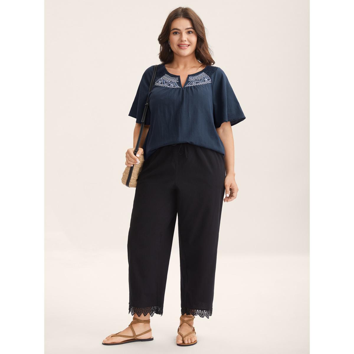 Plus Size Indigo Cotton Boho Embroidered Neck Shirred Shoulder Blouse Women Half Sleeve Notched collar Vacation Blouses BloomChic 12/L Product Image