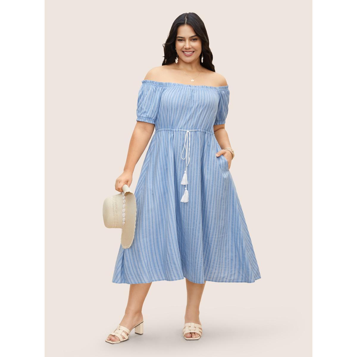 Plus Size Off Shoulder Striped Frill Trim Tassels Dress LightBlue Women Resort Tassels One-shoulder neck Short sleeve Curvy BloomChic 26/4X Product Image