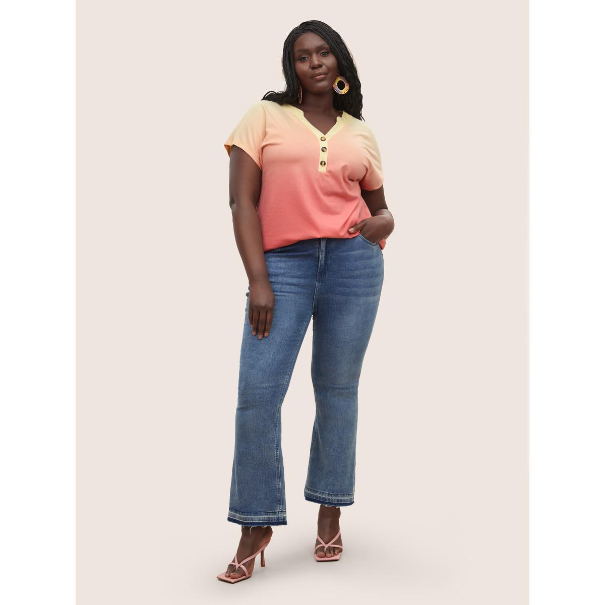 Plus Size Ombre Contrast Batwing Sleeve T-shirt OrangeRed Women Resort Contrast Ombre Notched collar Vacation T-shirts BloomChic 12/L Product Image