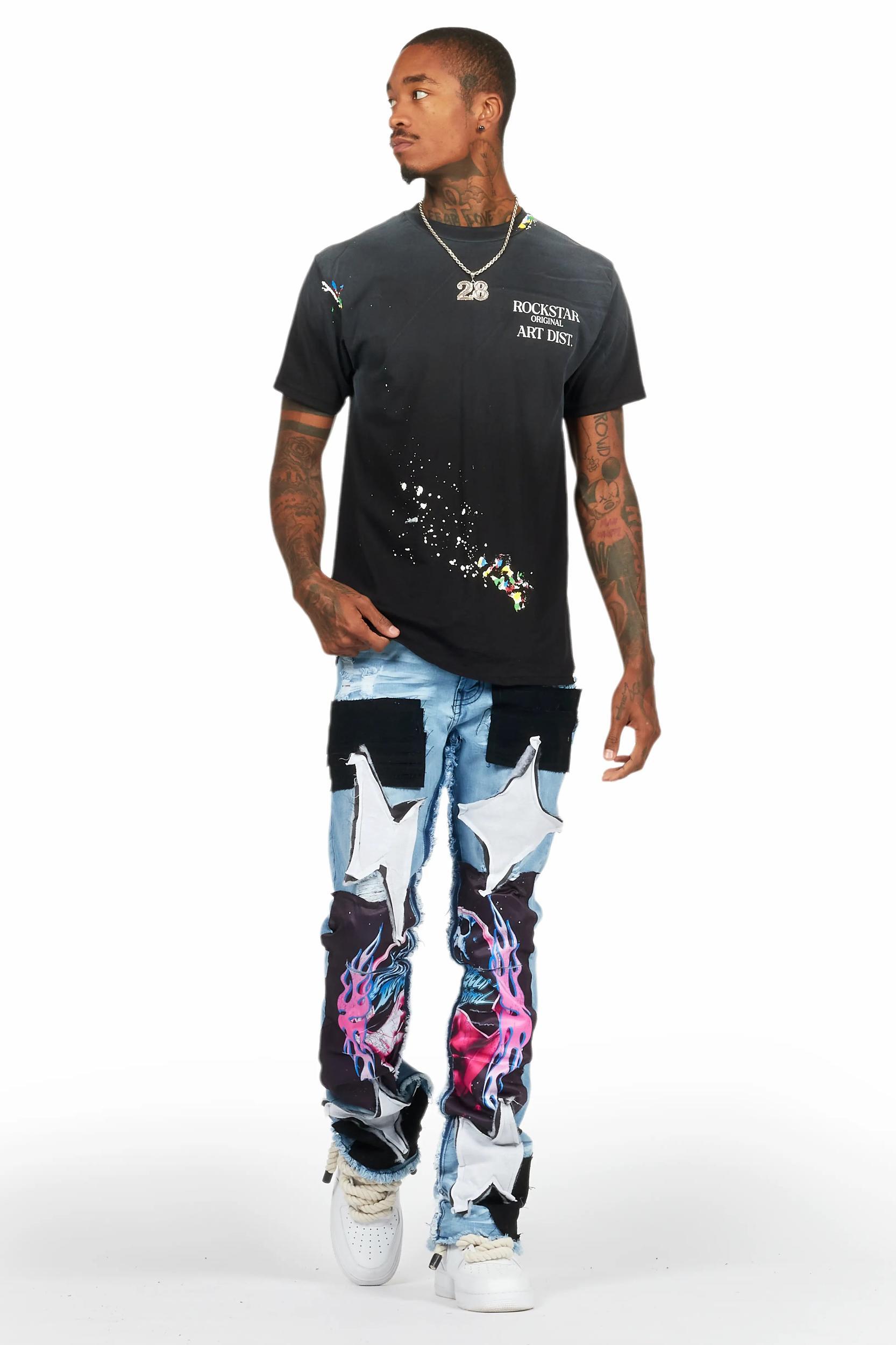 Helios Blue Patchwork Stacked Flare Jean Male Product Image