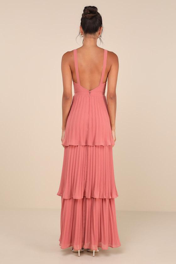 Luxe Perfection Rusty Rose Pleated Tiered Backless Maxi Dress Product Image