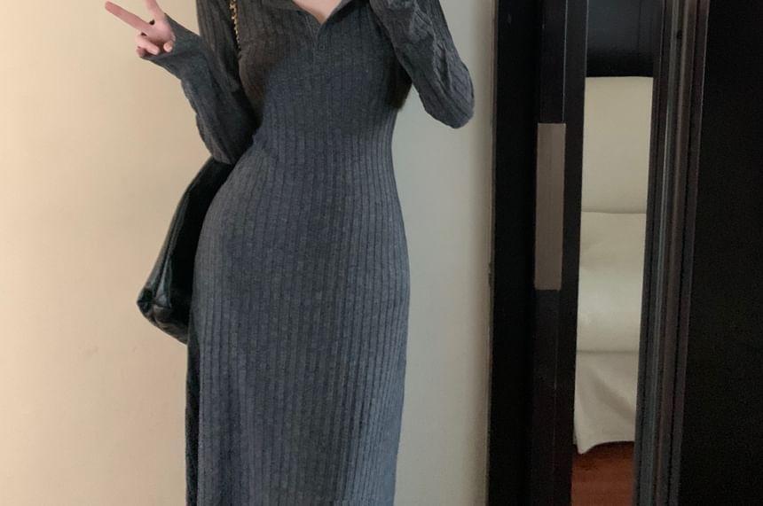 Long Sleeve Henley Melange Ribbed Maxi A-Line Dress Product Image