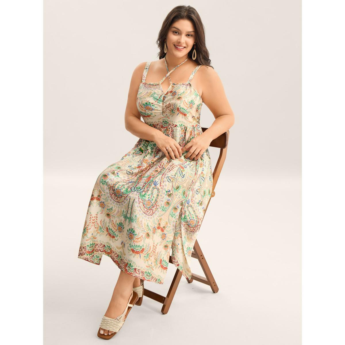 Plus Size Paisley Print Halter Neck A-Line Midi Dress Ivory Women Asymmetrical Neck Sleeveless Curvy BloomChic 28/5X Product Image