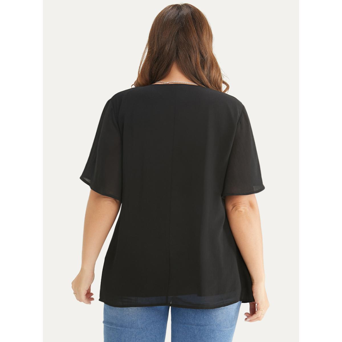 Plus Size Black Plain V Neck Mesh Ruffle Sleeve Button Detail Blouse Women Casual Short sleeve V-neck Work Blouses BloomChic 14-16/1X Product Image
