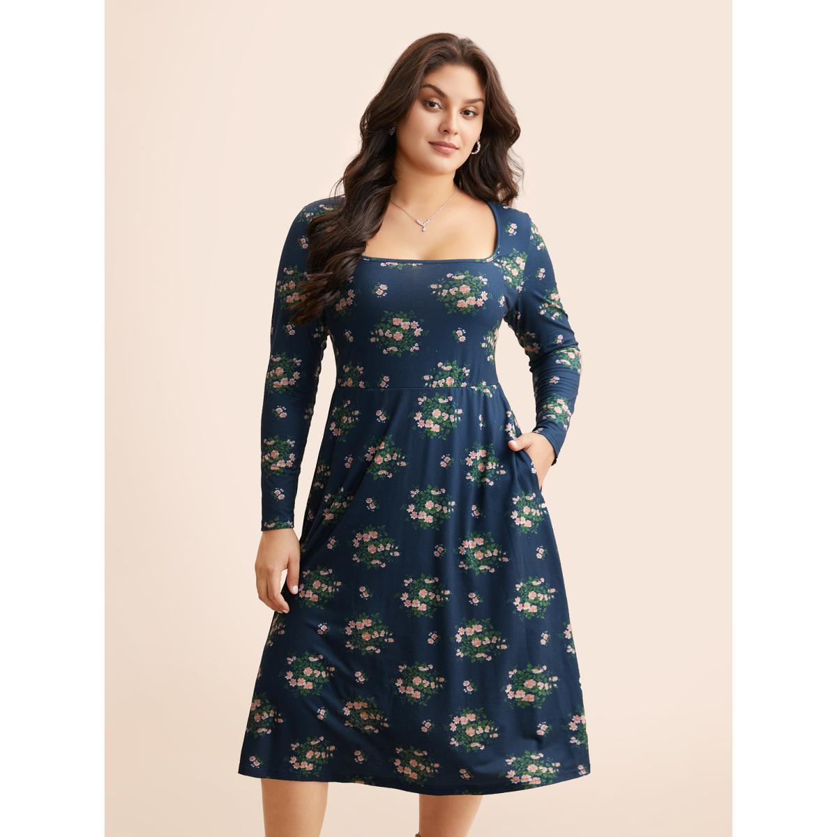 Plus Size Square Neck Floral Cut Out Dress Navy Women Elegant Cut-Out Square Neck Long Sleeve Curvy BloomChic 28/5X Product Image