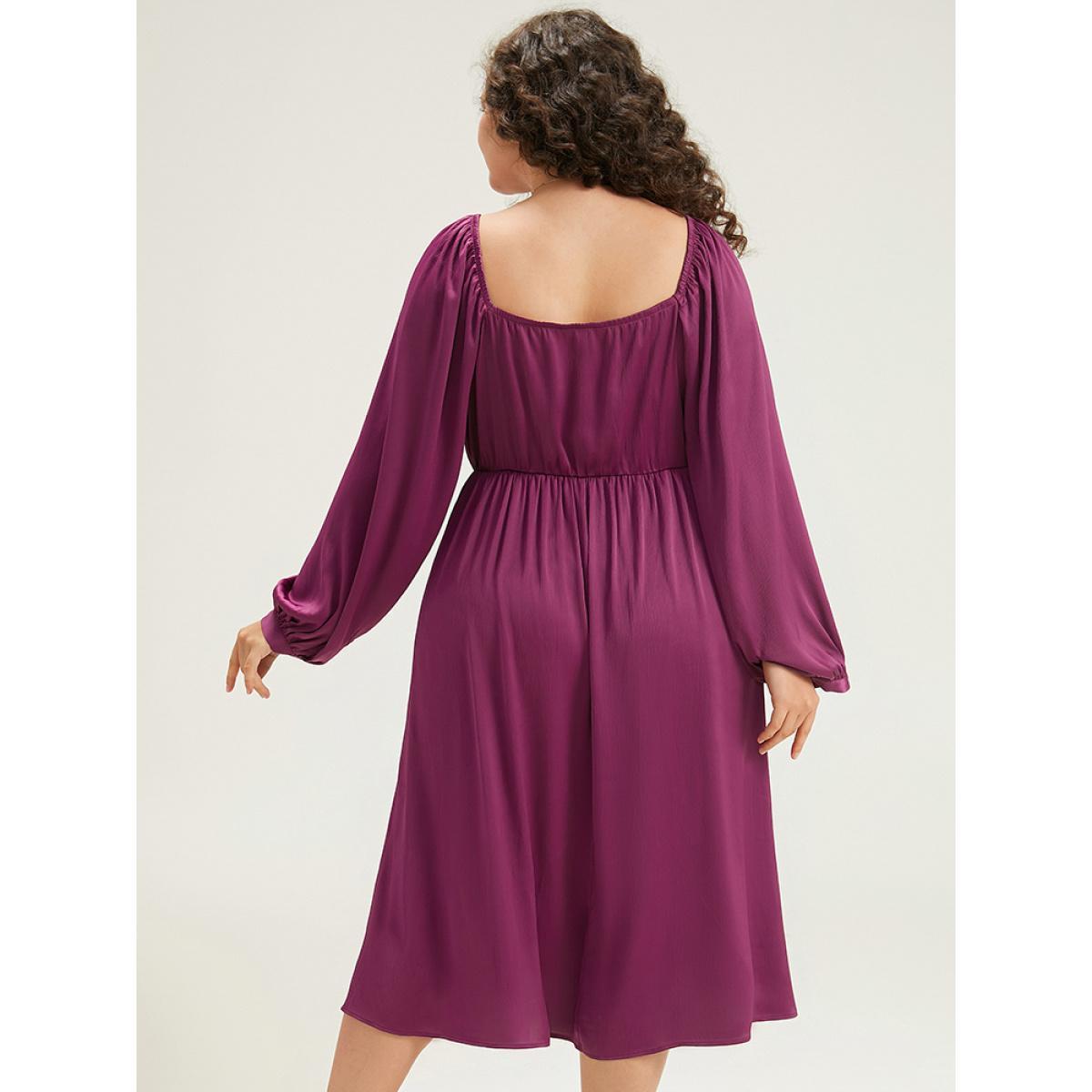 Plus Size Plain Flutter Trim Ties Split Side Dress Purple Women Elegant Gathered Square Neck Long Sleeve Curvy Midi Dress BloomChic 18-20/2X Product Image
