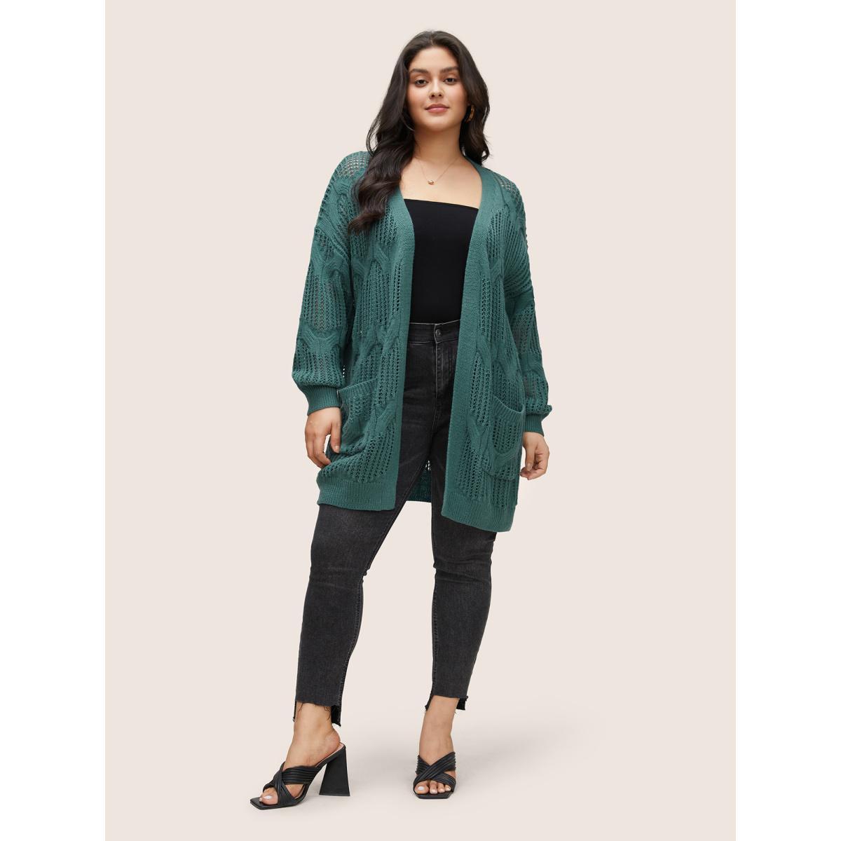 Plus Size Texture Cable Knit Open Front Pocket Cardigan Emerald Women Casual Long Sleeve Everyday Cardigans BloomChic 14-16/1X Product Image