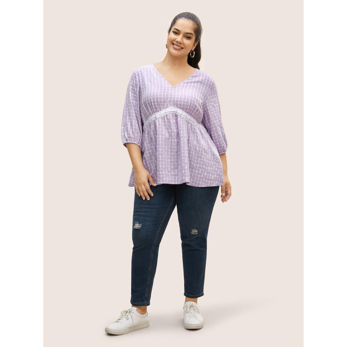 Plus Size Lavender Gingham Patchwork Lantern Sleeve Blouse Women Casual Elbow-length sleeve V-neck Everyday Blouses BloomChic 18-20/2X Product Image