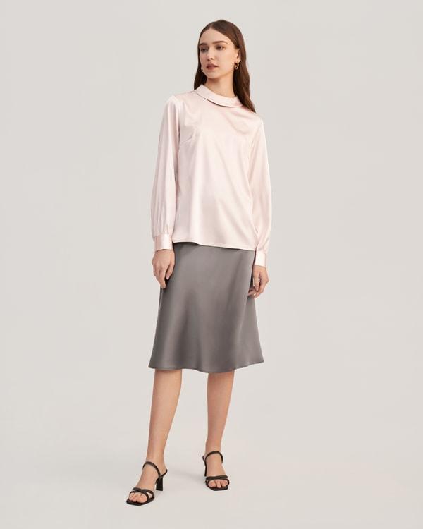 Stand Collar Long Sleeves  Silk Blouse Product Image