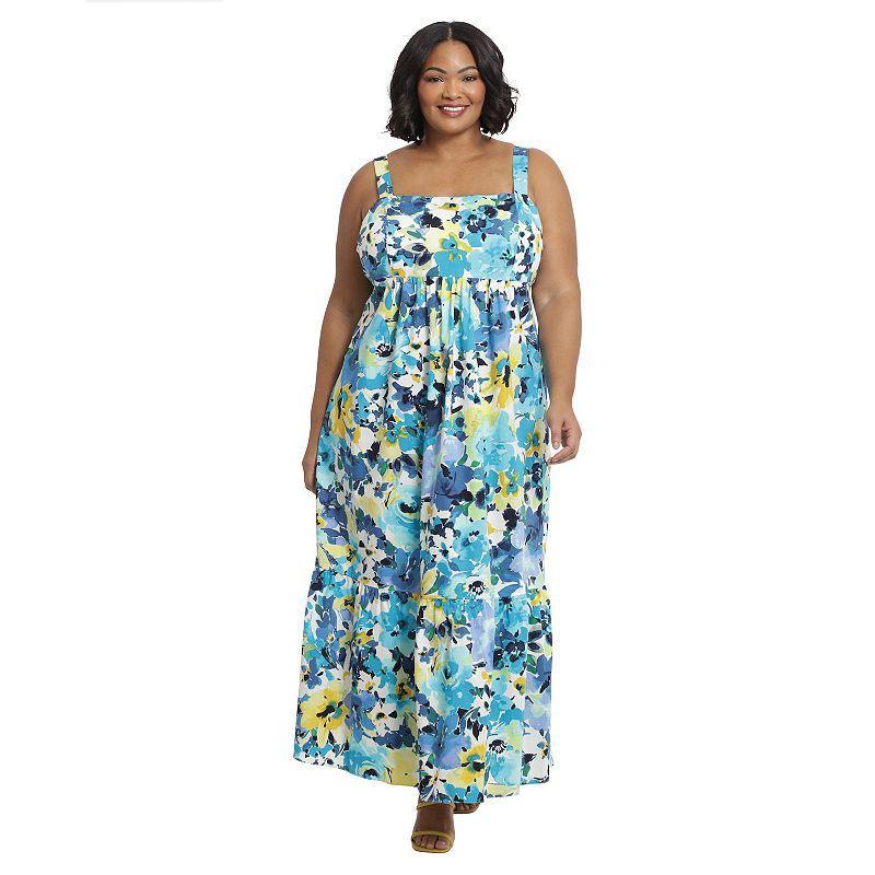 Plus Size London Times Smocked Back Maxi Dress, Women's, Size: 14 W, Blue Product Image