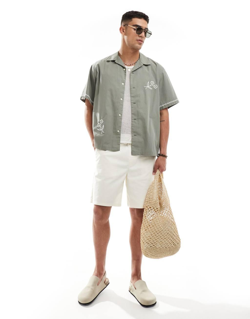 Selected Homme revere collar shirt with cream floral print in olive green Product Image
