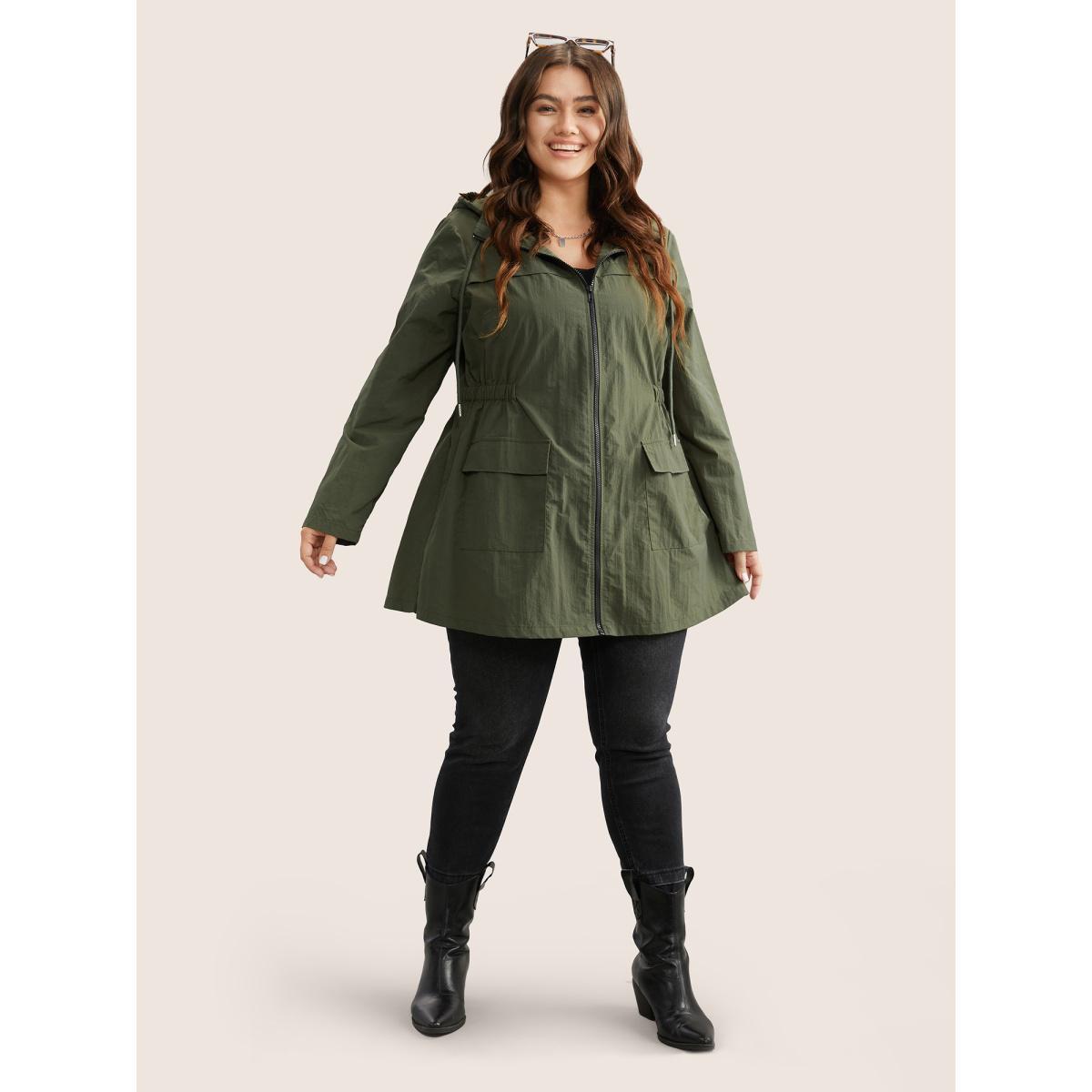 Plus Size Plain Hooded Drawstring Gathered Zipper Jacket Women ArmyGreen Non Patch pocket Everyday Jackets BloomChic 10/M Product Image