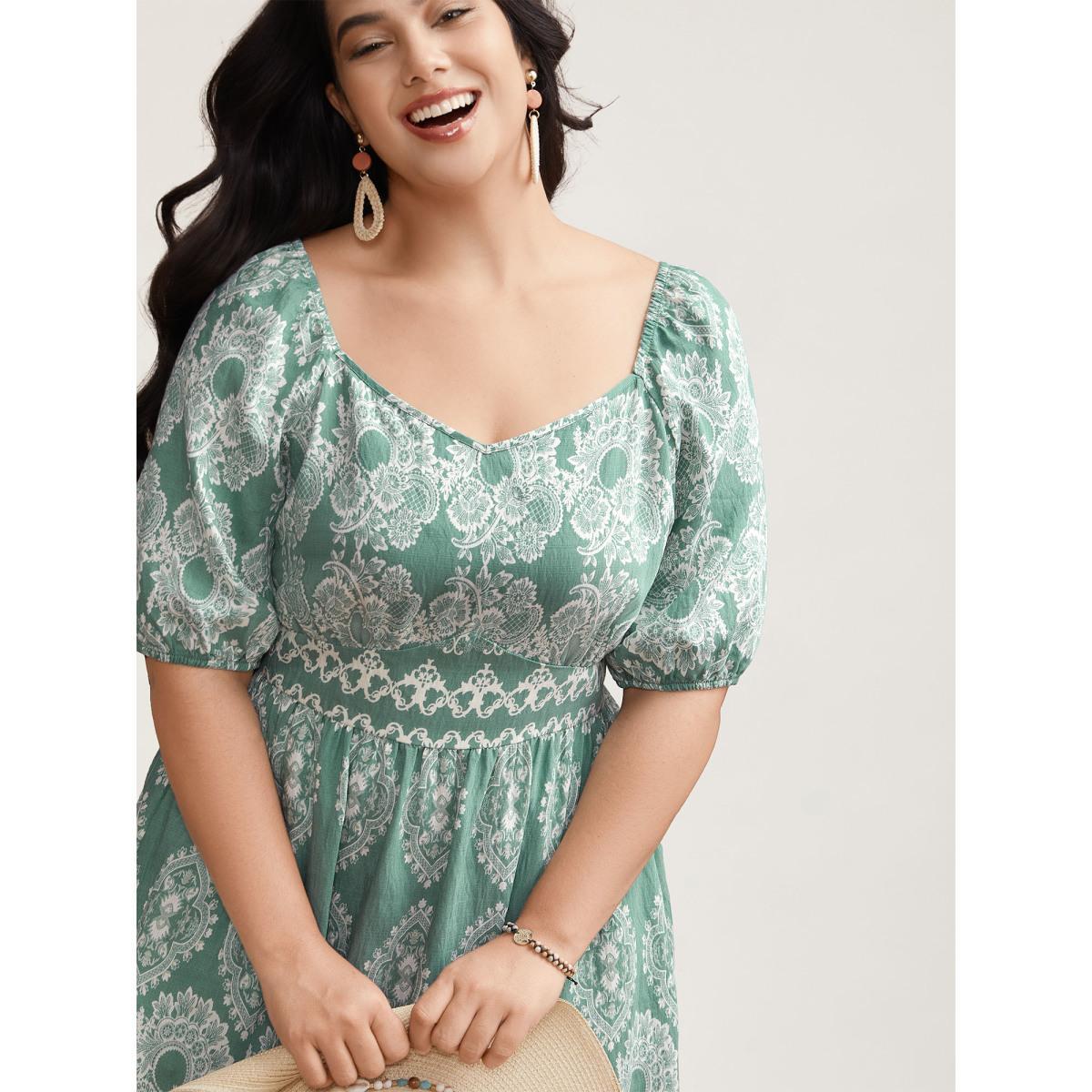 Plus Size Boho Print Waist Defining Midi Dress Sage Women Resort Non Heart neckline Half Sleeve Curvy BloomChic 14-16/1X Product Image