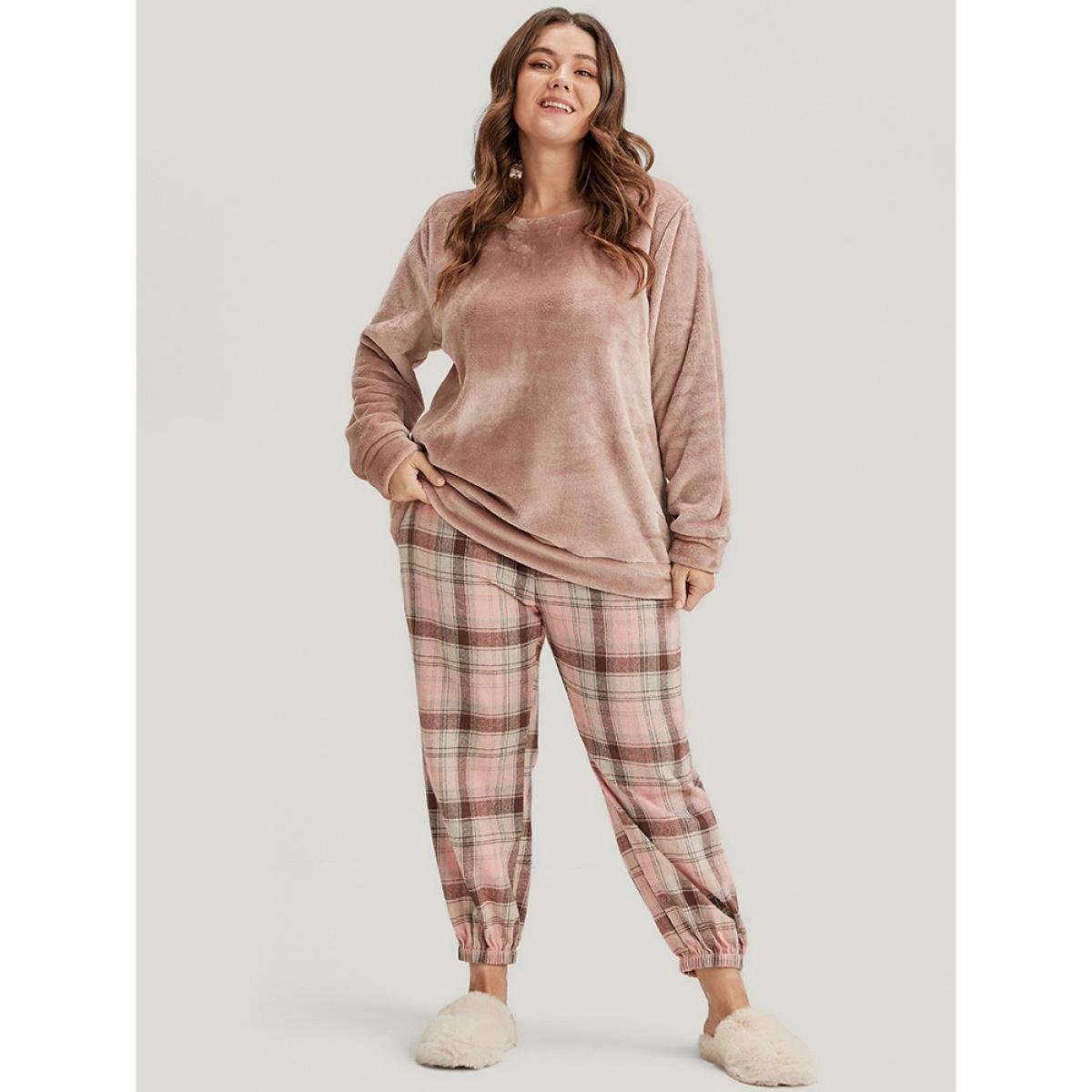 Plus Size Solid Flannel Round Neck Plaid Pajama Set Women Russet Plaid Elastic Waist Long Sleeve Round Neck Casual Loungewear Sets BloomChic 12/L Product Image