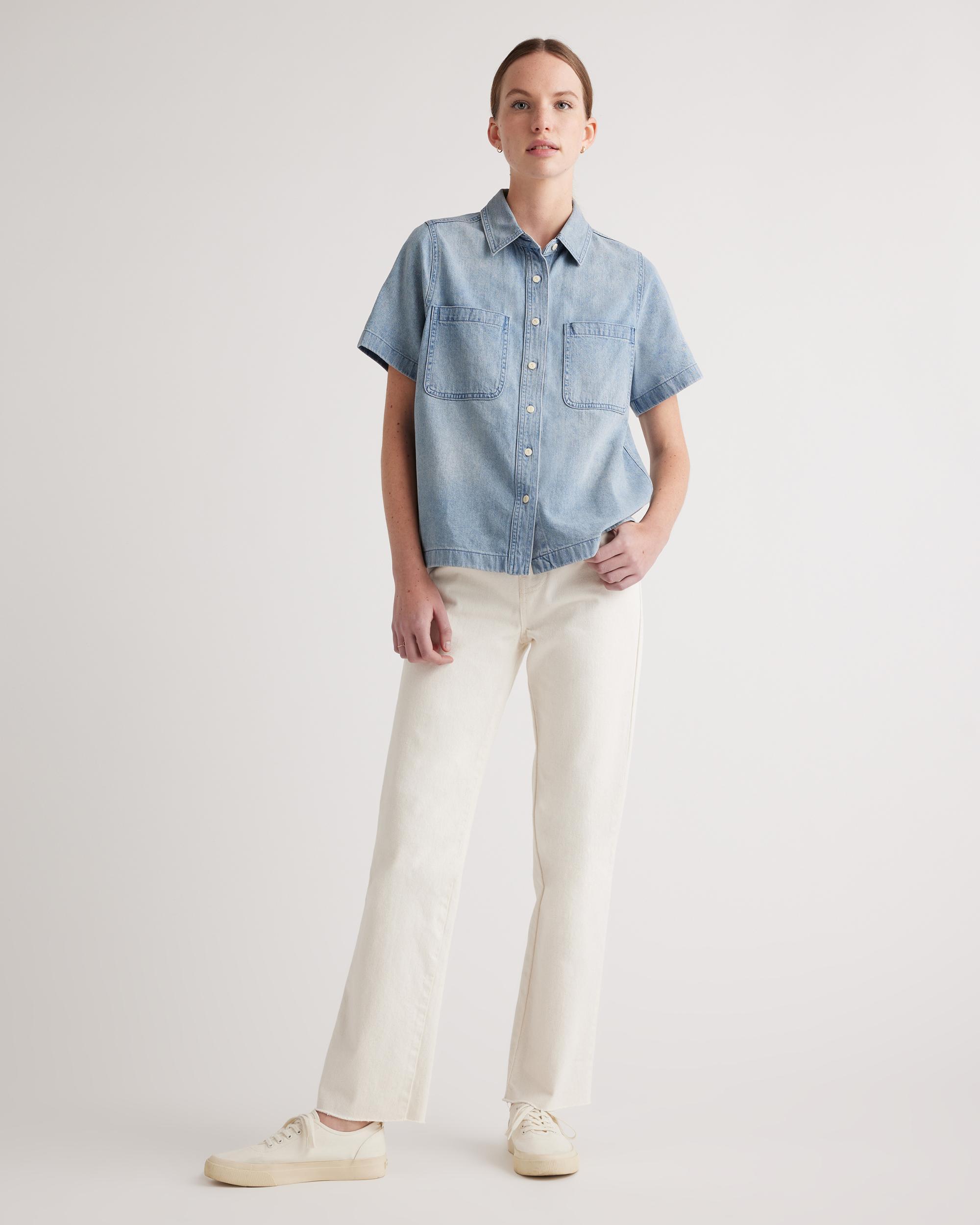 Quince | Women's Distressed Denim Short Sleeve Shirt Cotton Product Image