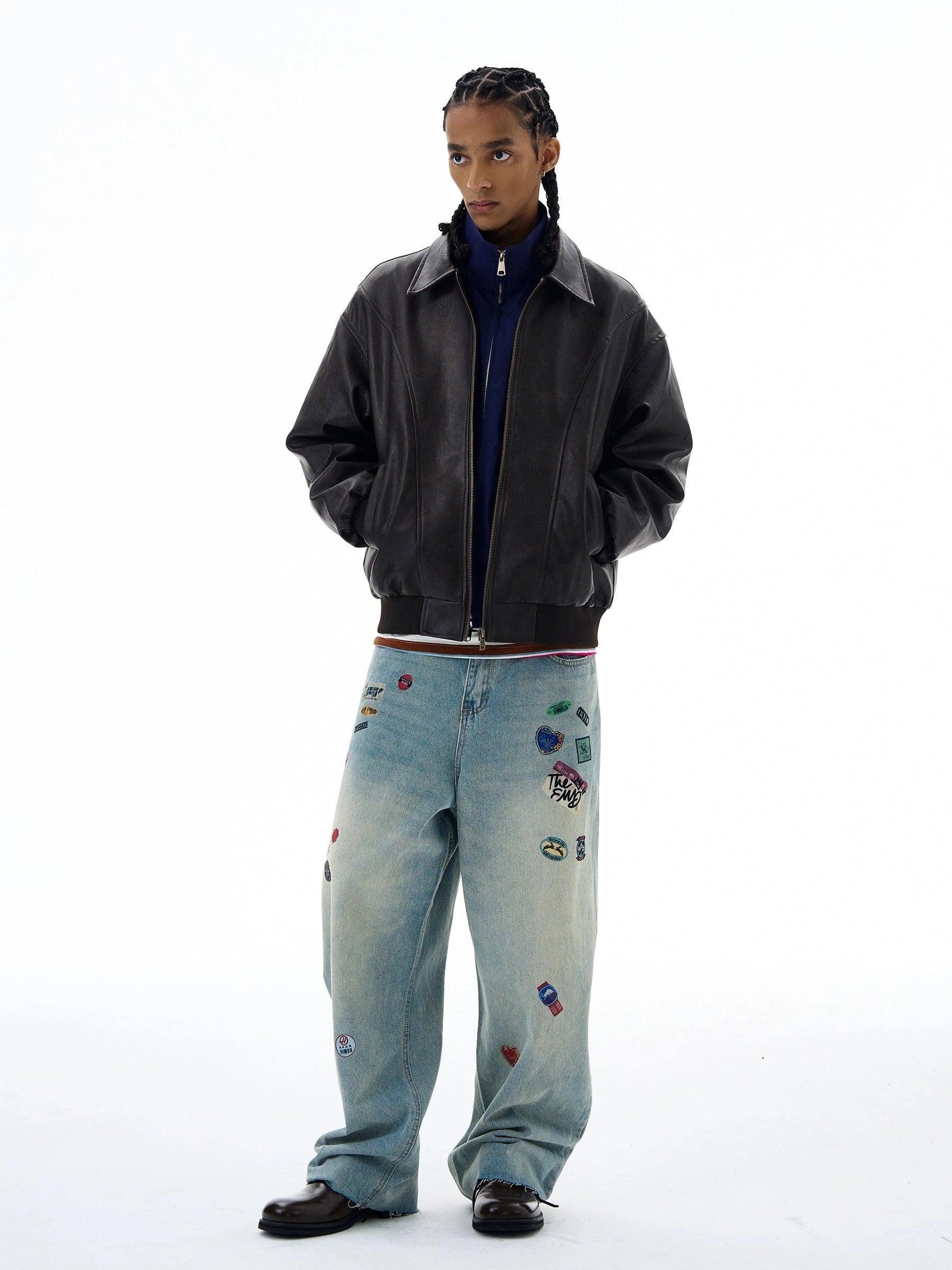 RT No. 19567 PRINTED LABEL BLUE DENIM BAGGY STRAIGHT JEANS Product Image