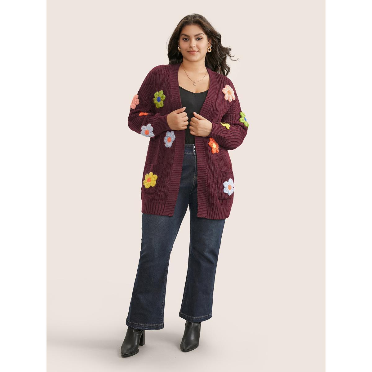 Plus Size Rainbow Floral Pocket Open Front Cardigan Burgundy Women Casual Long Sleeve Everyday Cardigans BloomChic 10/M Product Image
