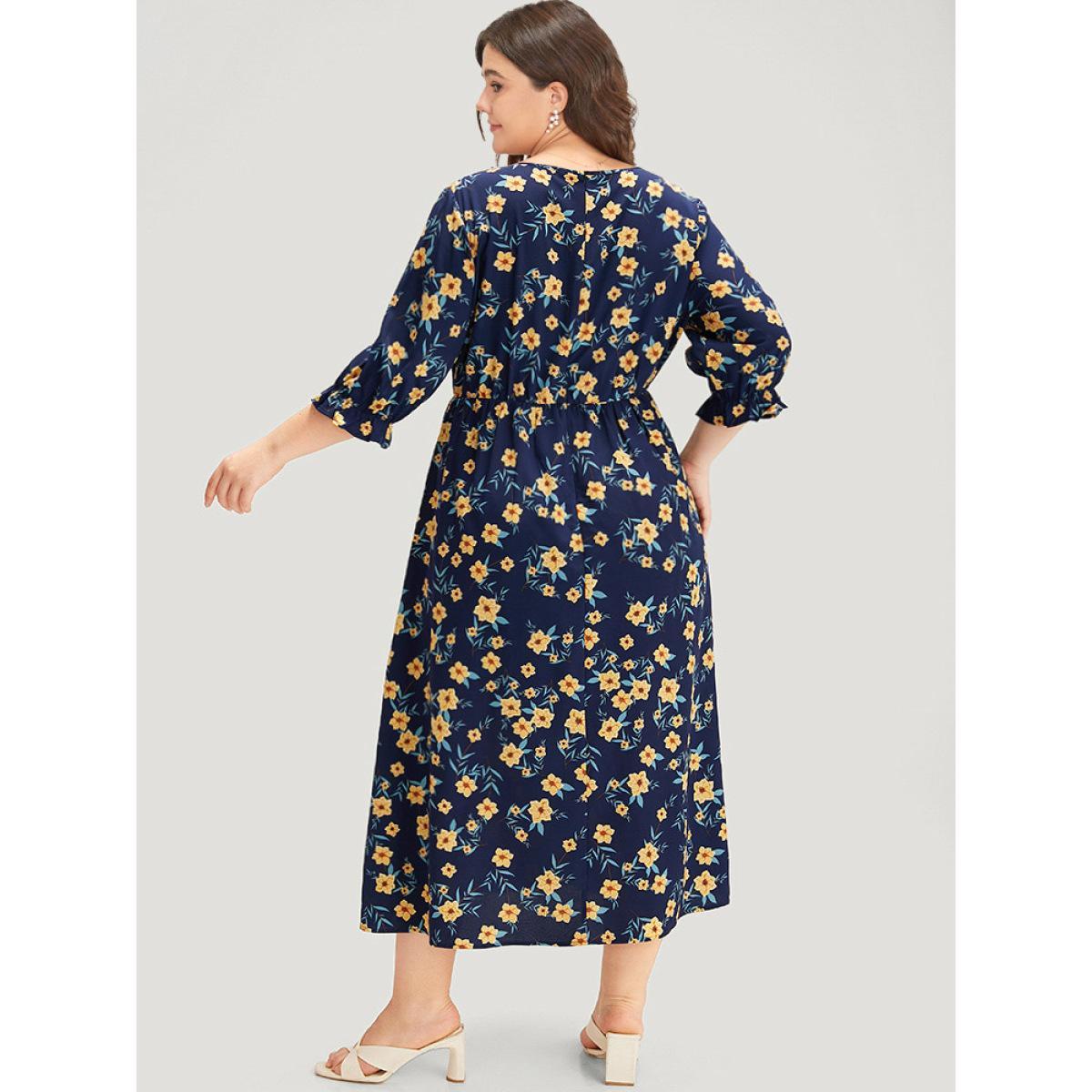 Plus Size Indigo Floral Print Pocket V Neck Wrap Split Hem Jumpsuit Women Elegant Half Sleeve V-neck Dailywear Loose Jumpsuits BloomChic 12/L Product Image