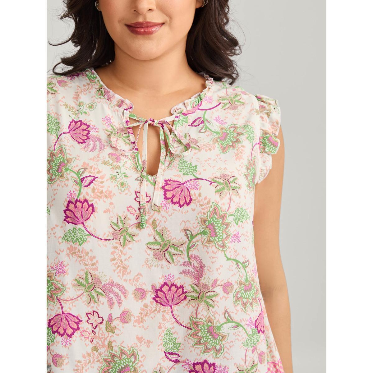Plus Size Dreamy Floral Neck Tie Tank Top Women Peach Tie knot V-neck Everyday-Casual Tank Tops Camis BloomChic 30/6X Product Image