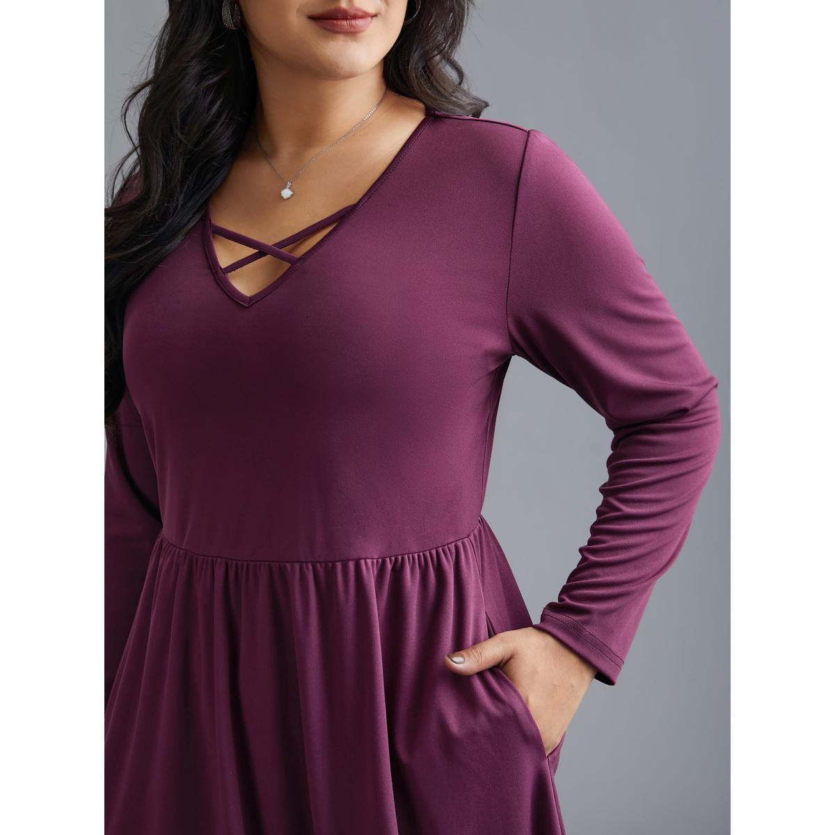 Plus Size Floral Embroidered Mesh Crisscross Dress Deeppurplered Women Elegant Woven ribbon&lace trim Round Neck Long Sleeve Curvy BloomChic 10/M Product Image