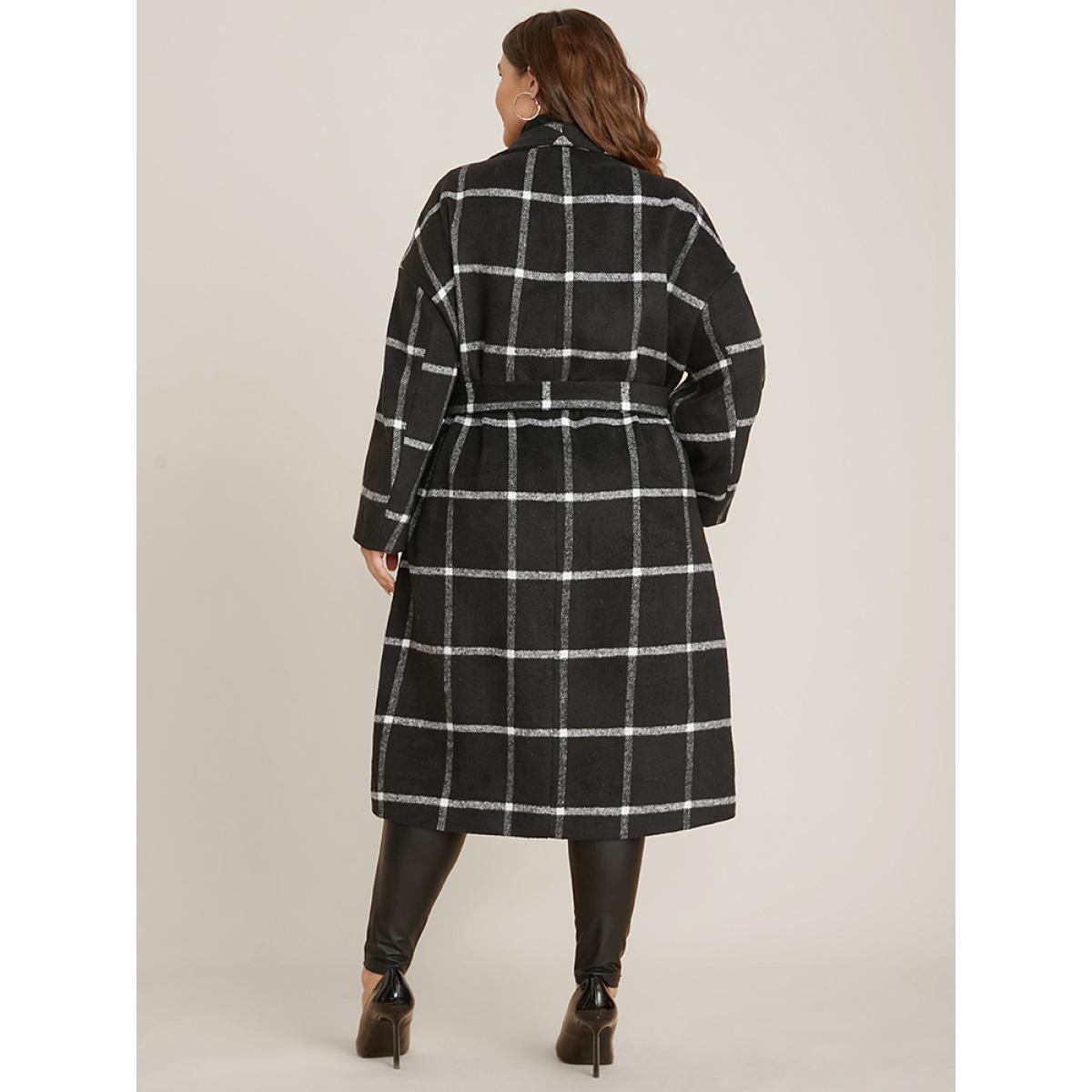 Plus Size Plaid Lapel Collar Pocket Belted Open Front Coat Women Black Elegant Ladies Dailywear Winter Coats BloomChic 12/L Product Image
