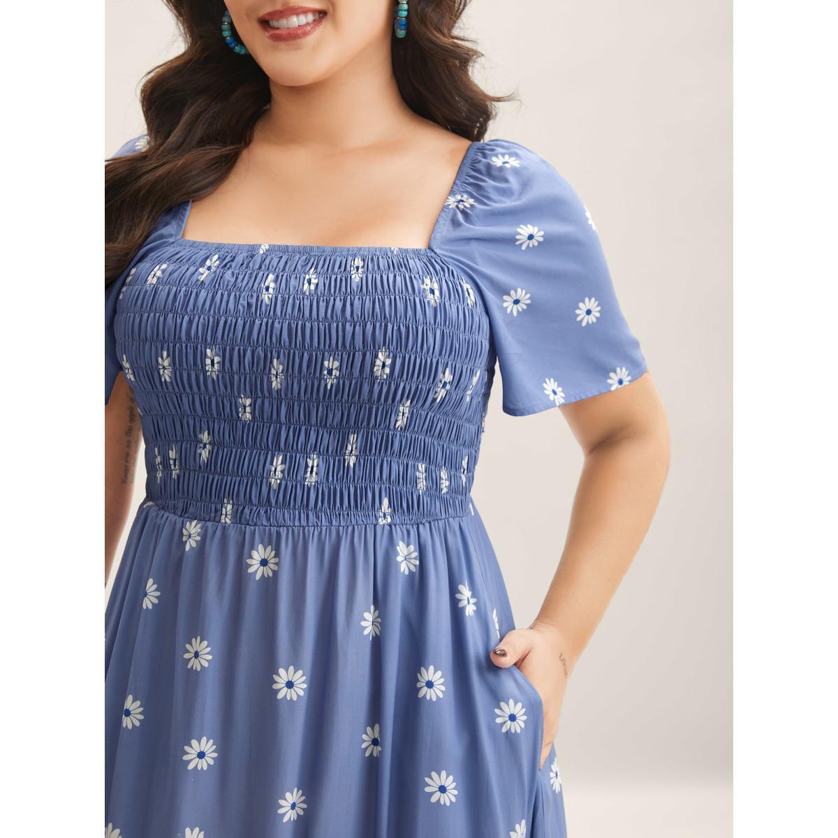 Plus Size Rayon Floral Shirred Midi Dress Mediumblue Women Square Neck Short sleeve Curvy BloomChic 10/M Product Image
