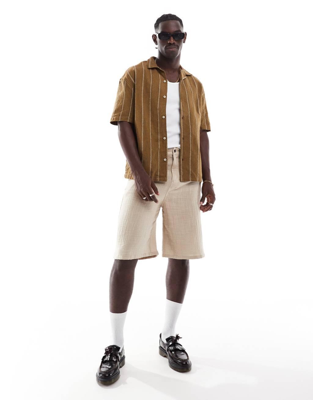 Pull&bear short sleeve striped shirt in khaki Product Image