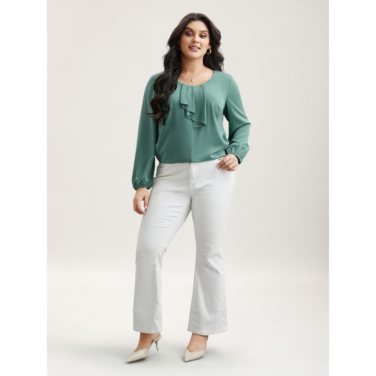 Plus Size Greenbean Ruffle Frill Trim Plain Lantern Sleeve Blouse Women Elegant Extra Long Sleeve Asymmetrical Neck Everyday Blouses BloomChic 28/5X Product Image