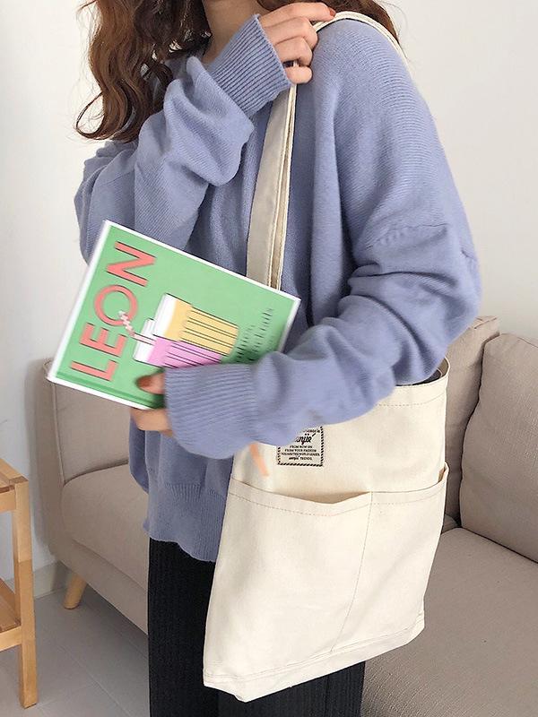 Simple Solid Color With-pockets Canvas Handbag Product Image