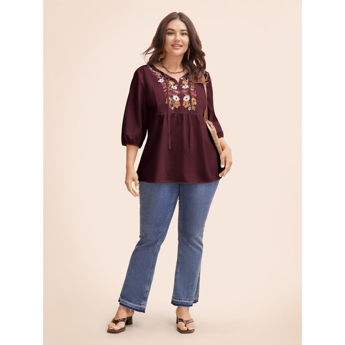 Plus Size Burgundy Floral Embroidered Tie Knot Lantern Sleeve Blouse Women Resort Elbow-length sleeve V-neck Vacation Blouses BloomChic 12/L Product Image