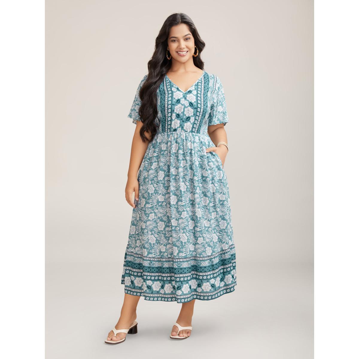 Plus Size Floral Print Stretchy Waist Pockets Midi Dress Stone Women Resort Non V-neck Short sleeve Curvy BloomChic 14-16/1X Product Image